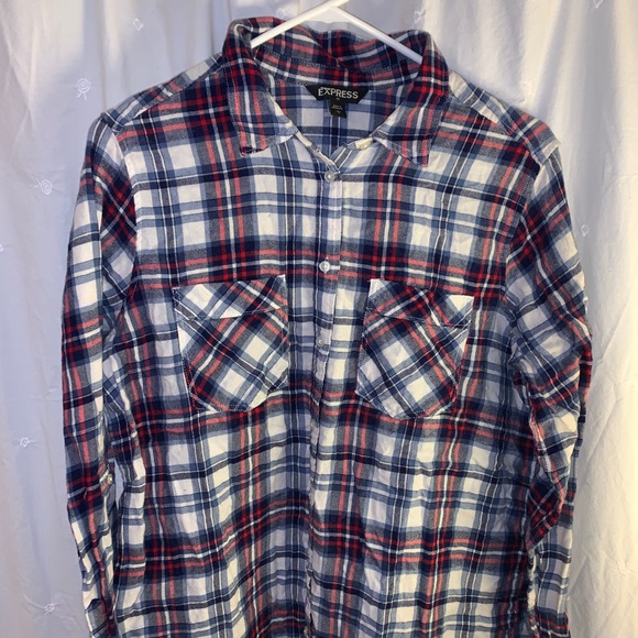 Red, white, and blue plaid Express shirt. - Picture 2 of 3
